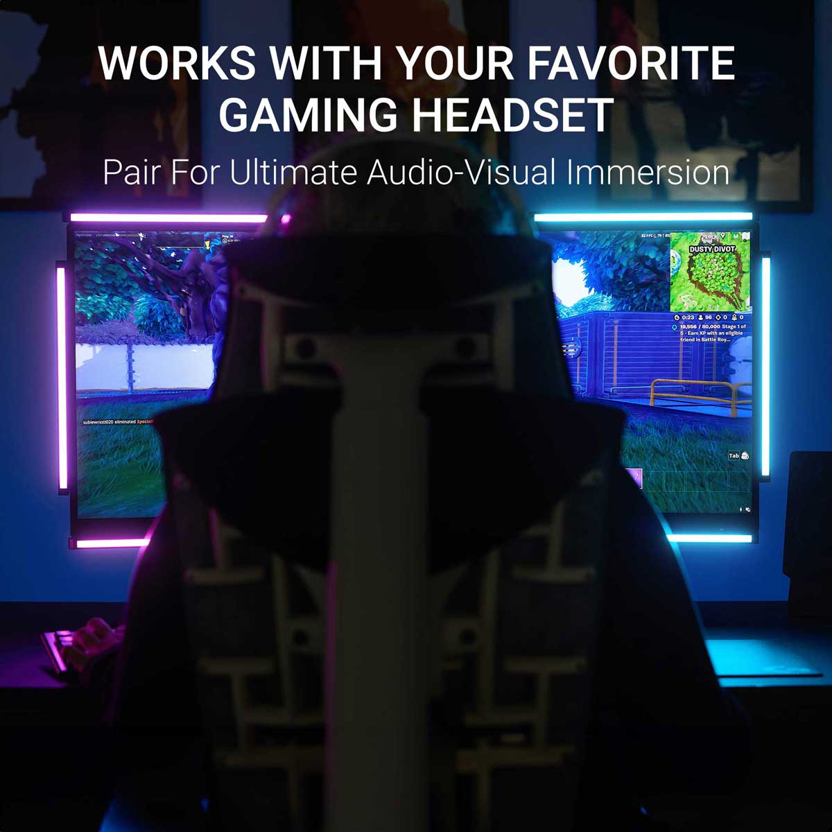 Audio Radar paired with a gaming headset providing visual sound cues from RGB light bars around the monitor