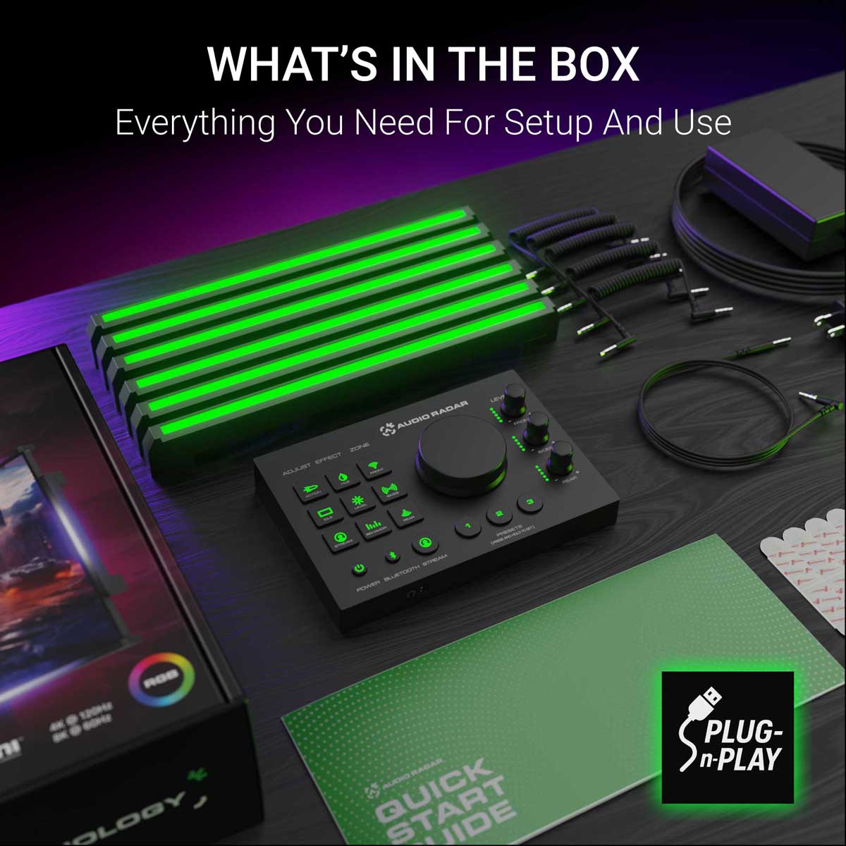 Audio Radar gaming kit unboxing showing six RGBW LED light bars, Command Center, cables, and plug-and-play quick start guide