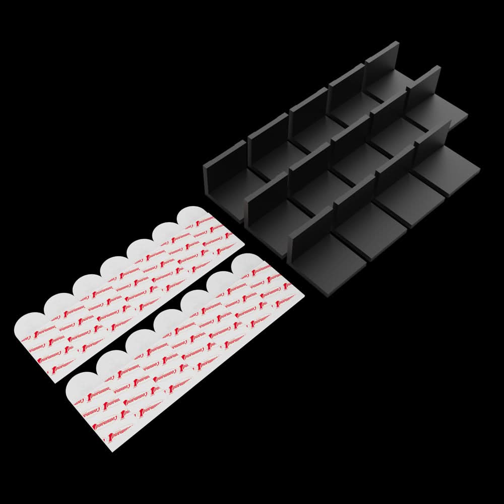 L-Bracket Kit contents — 12 black steel mounting brackets and 3M Command adhesive strips for Audio Radar lightbars