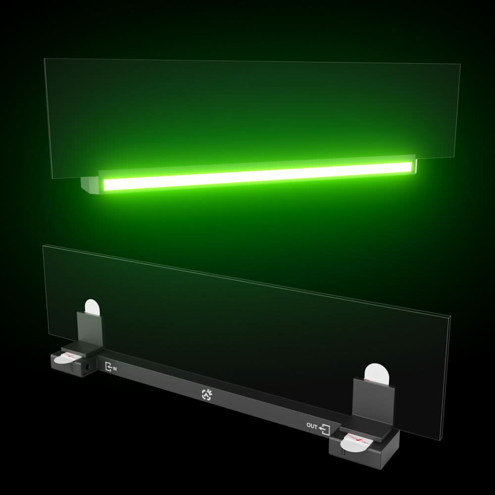 Audio Radar lightbar mounted on a thin OLED display using the L-Bracket Kit — front view above, rear mount view below