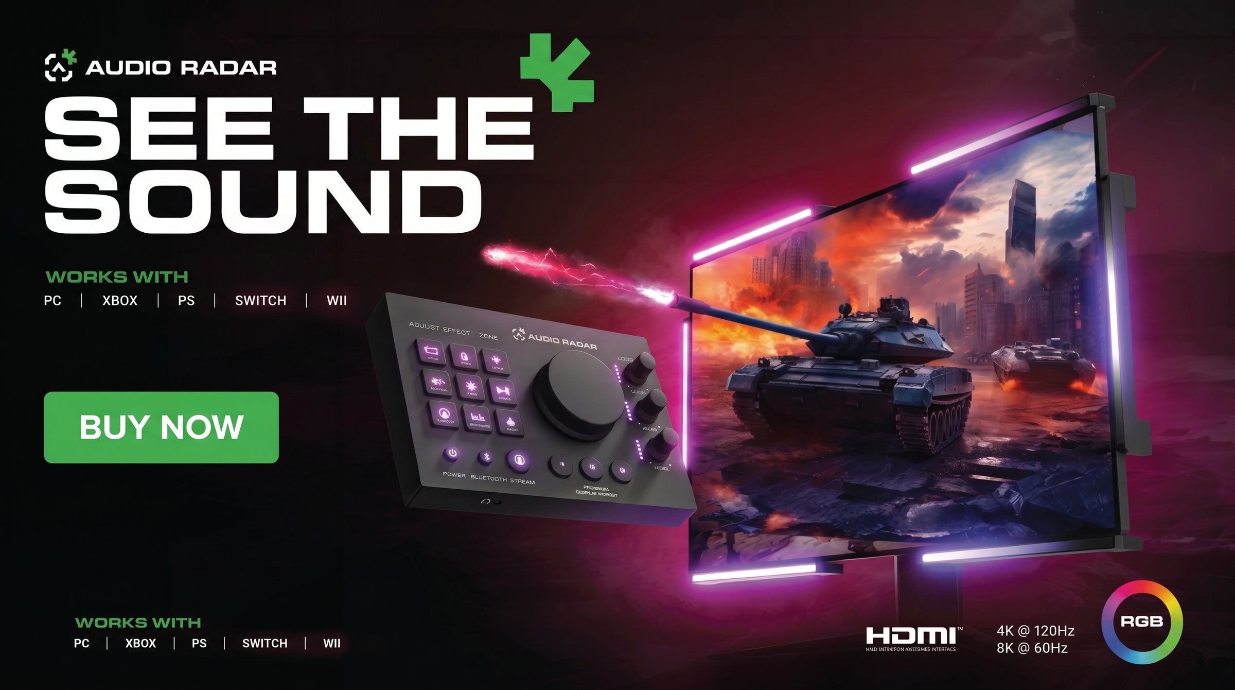 Audio Radar Surround Vision system — visual audio cues turn footsteps, gunfire, and explosions into glowing lightbars around your gaming display.