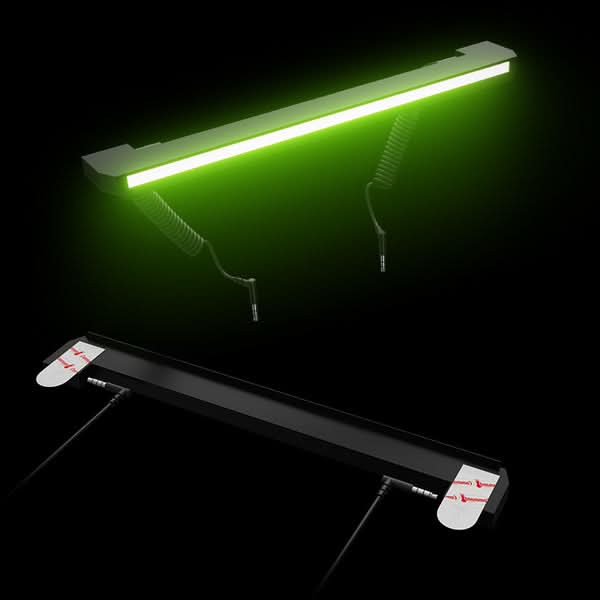 Audio Radar 7th Center Lightbar glowing green with coiled cable and 3M adhesive mounting strips on the back