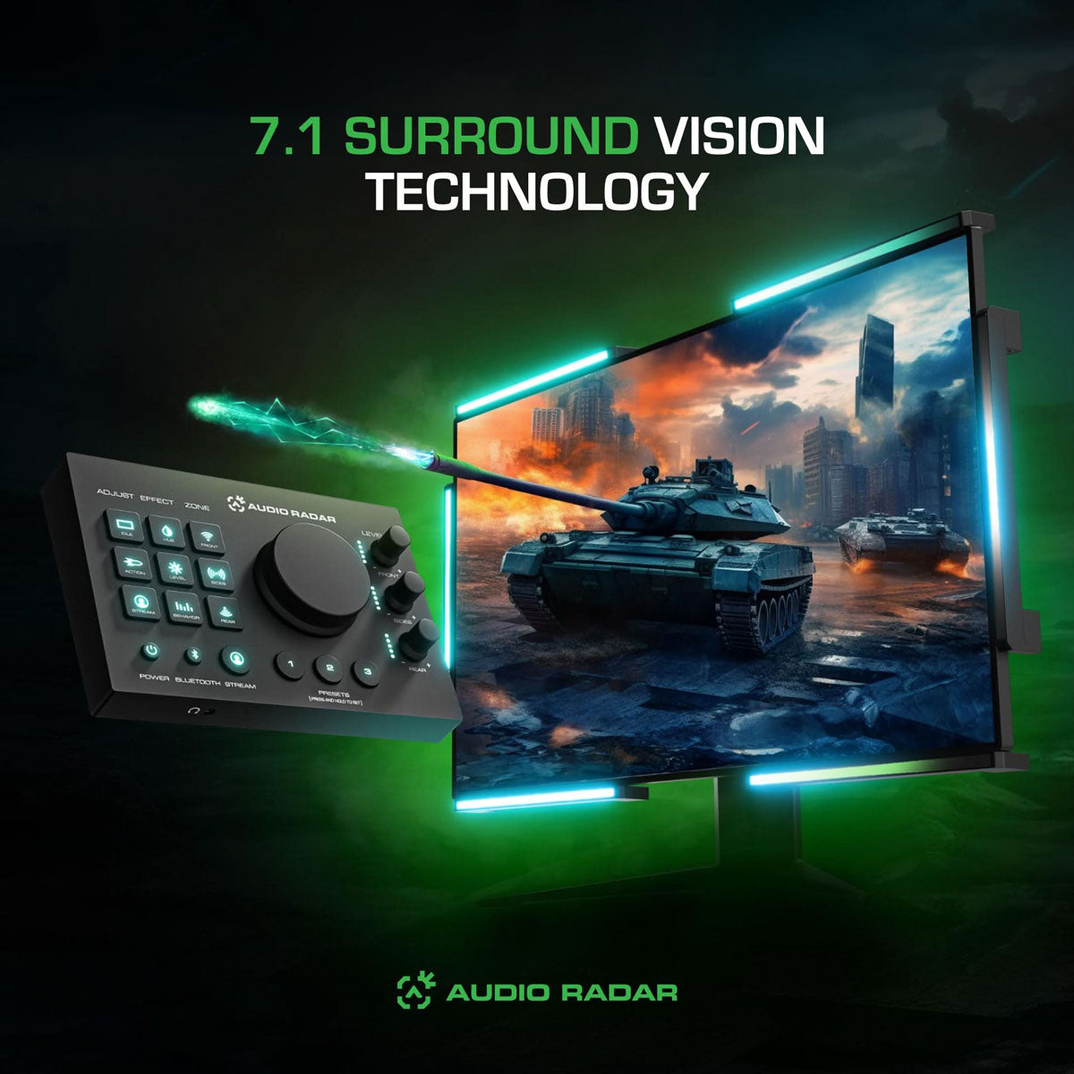 Audio Radar 7.1 Surround Vision Technology kit with Command Center and LED light bars around a gaming monitor