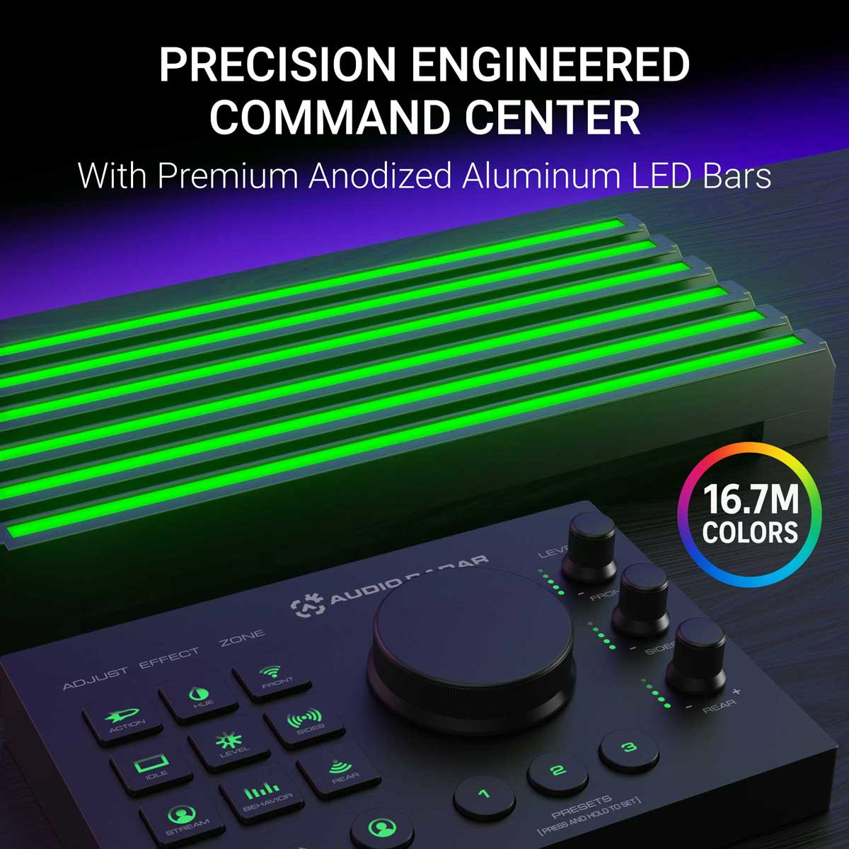 Close-up of Audio Radar Command Center with anodized aluminum LED light bars and 16.7 million color customization
