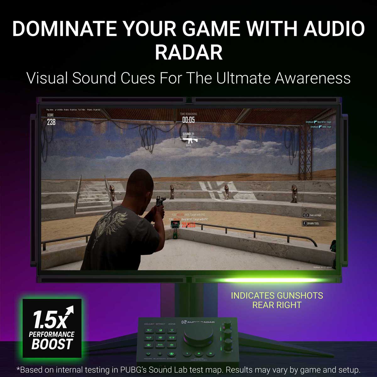 Audio Radar in PUBG showing real-time visual sound cues indicating gunshots — 47% performance boost in PUBG's Sound Lab study