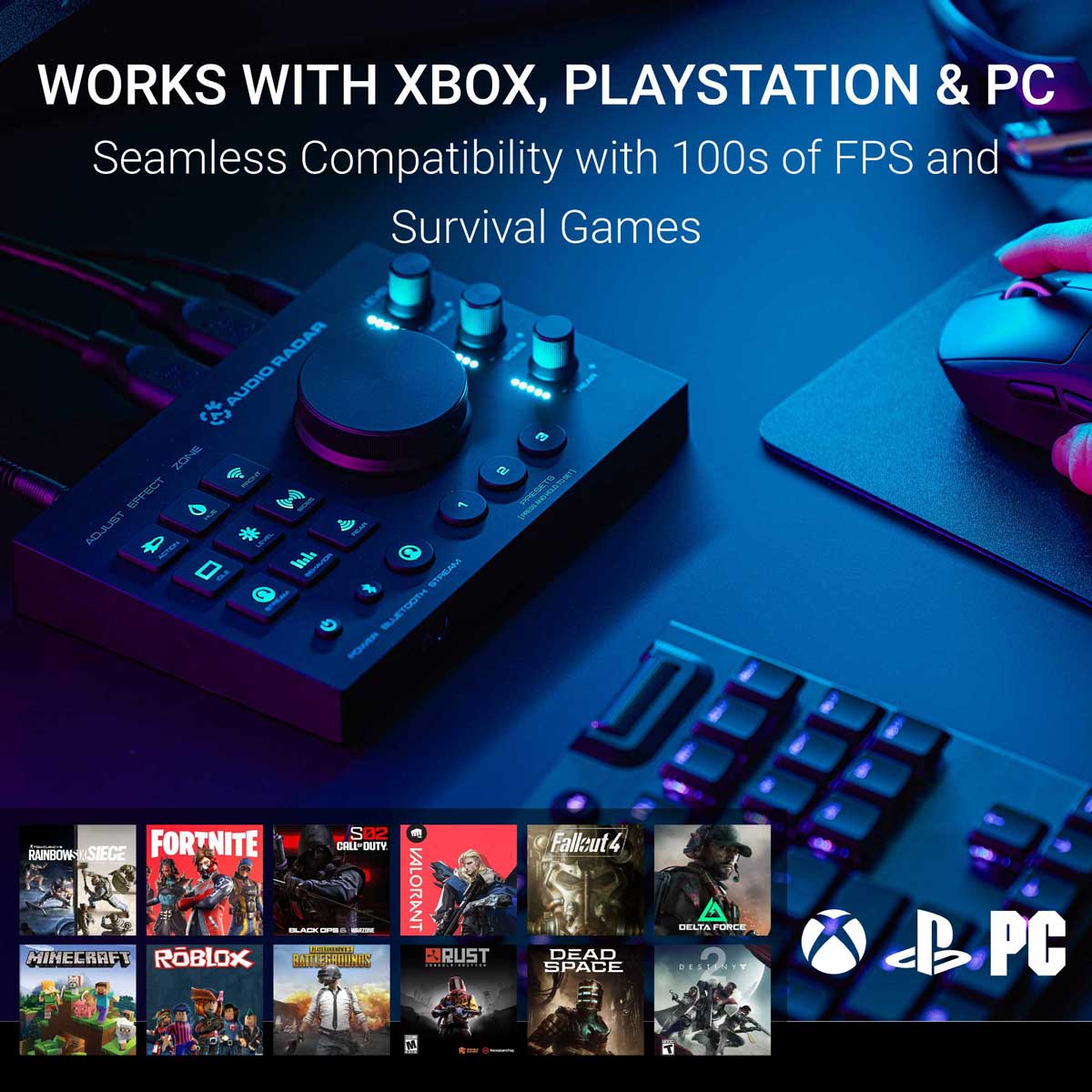 Audio Radar Command Center compatible with Xbox, PlayStation, and PC across Call of Duty, Fortnite, Minecraft, Rust and more