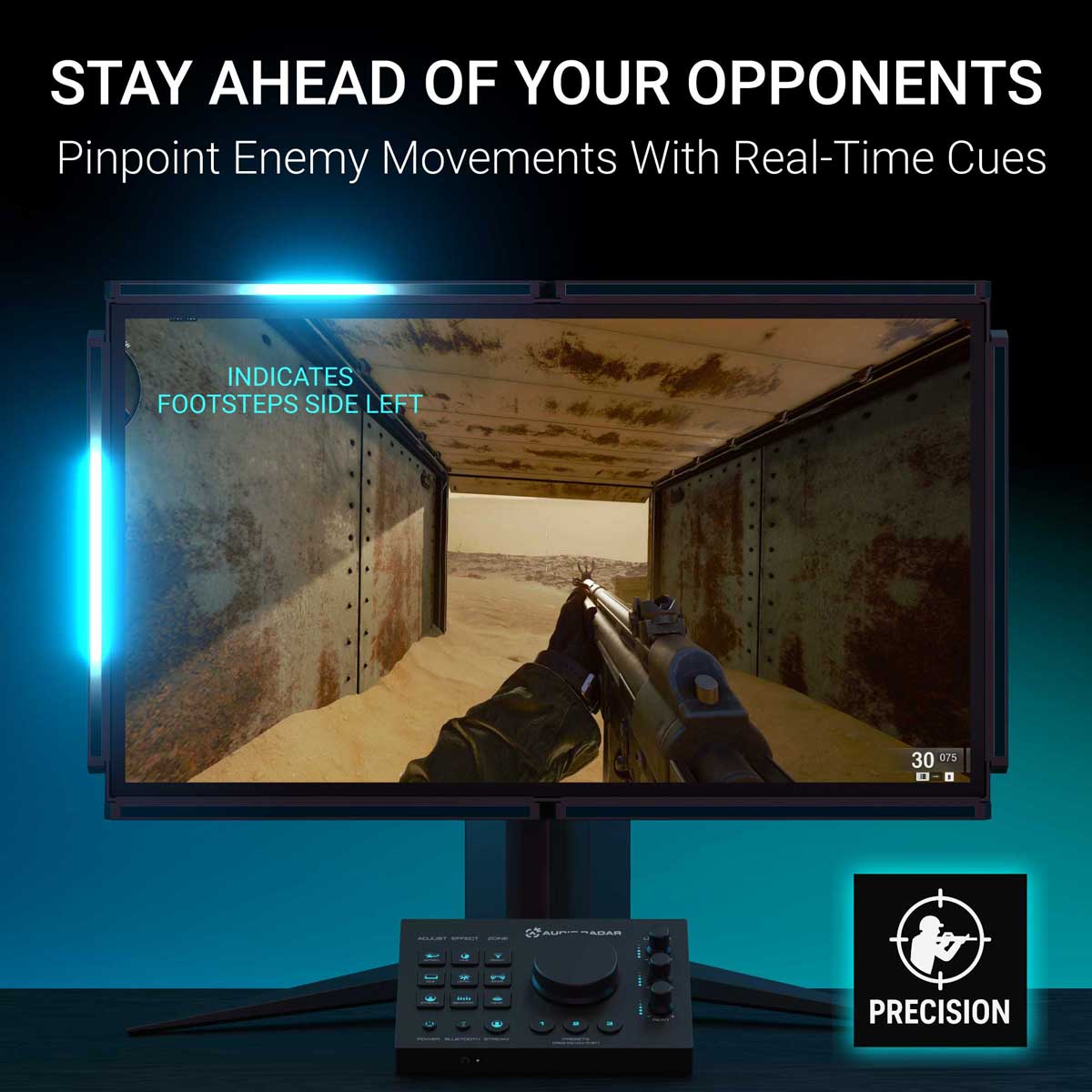 Audio Radar visualizing enemy footsteps from the left side in a first-person shooter for precision sound detection