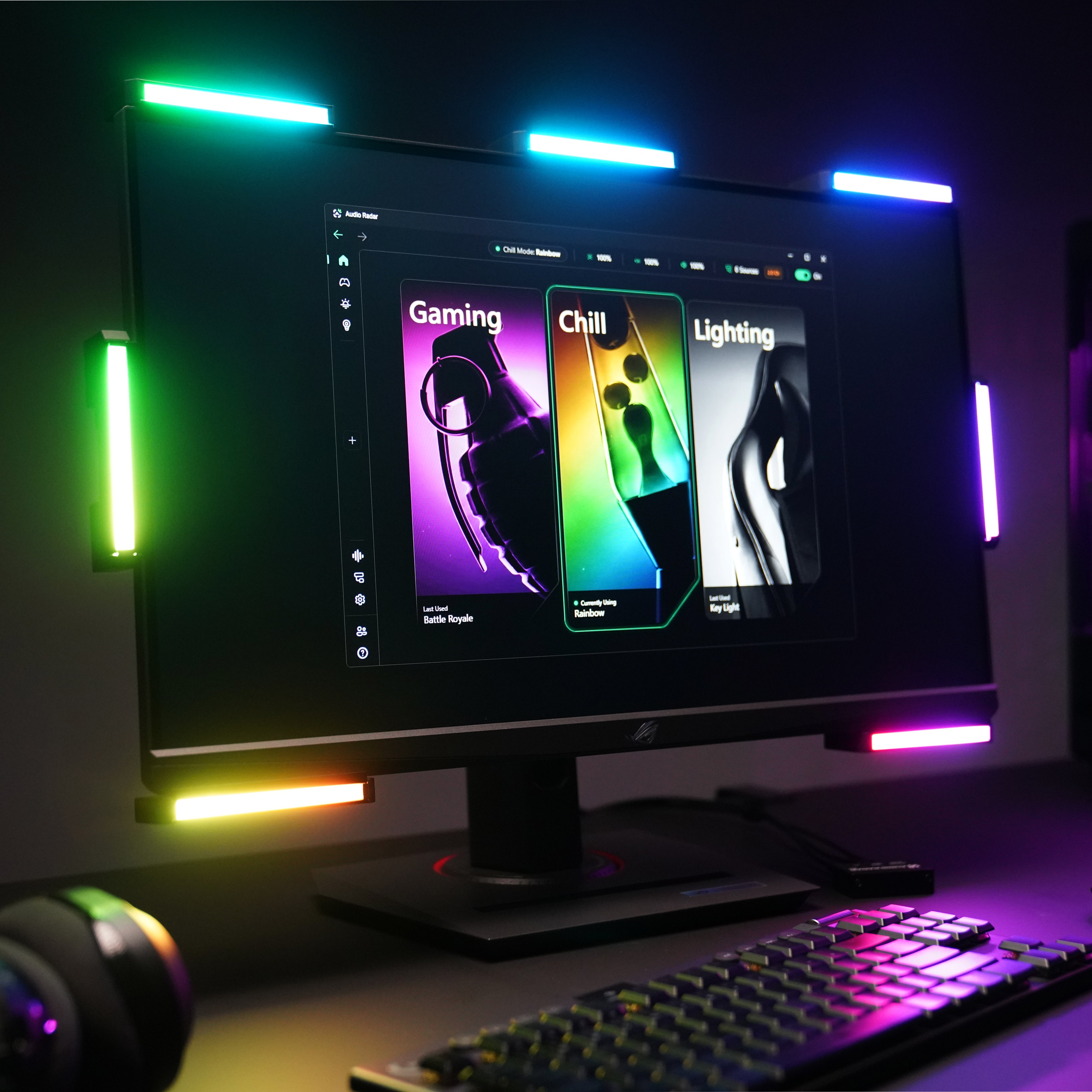 Audio Radar 2.0 — seven light bars mounted around a gaming monitor, showing directional light