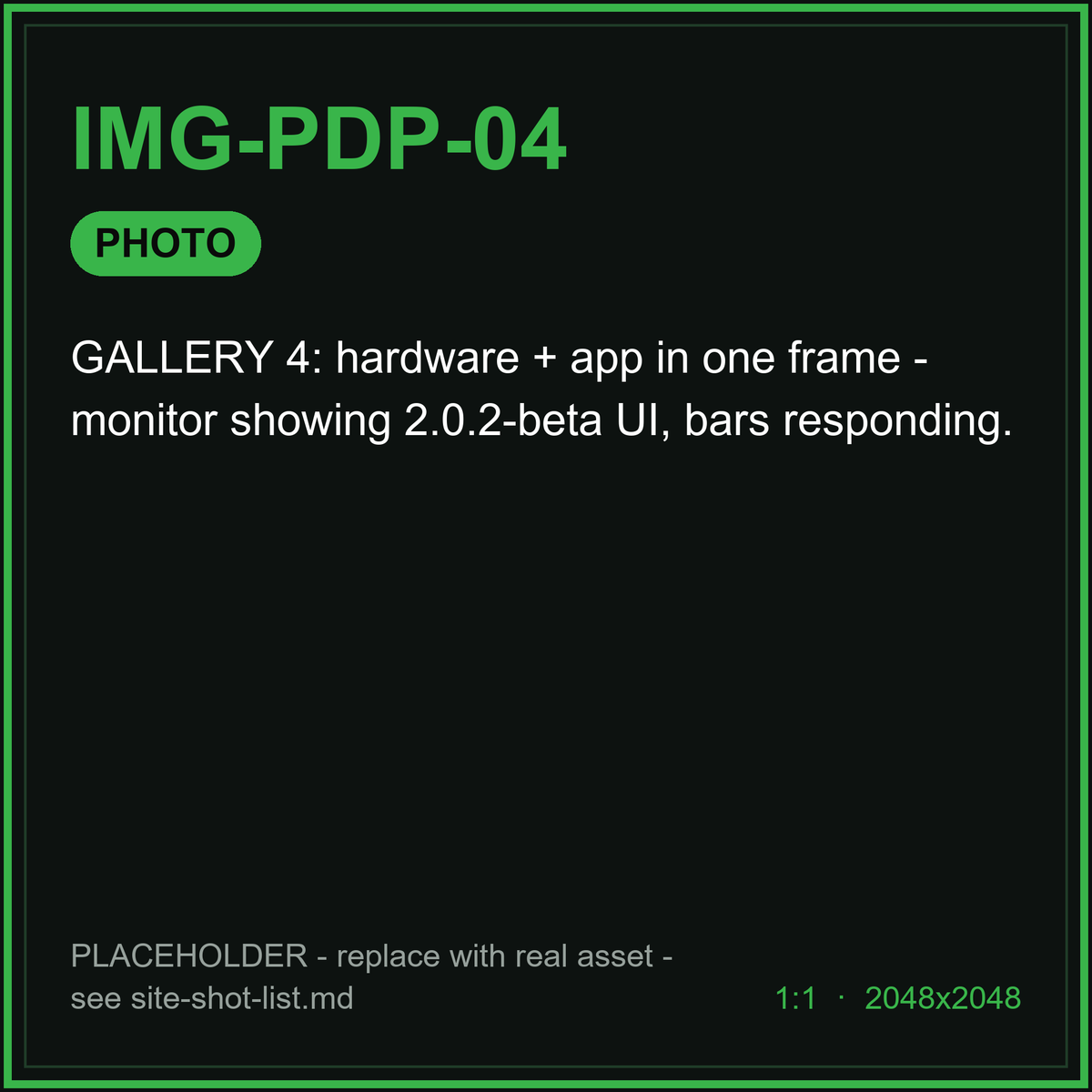 [Placeholder IMG-PDP-04] PHOTO: GALLERY 4: hardware + app in one frame - monitor showing 2.0.2-beta UI, bars responding.