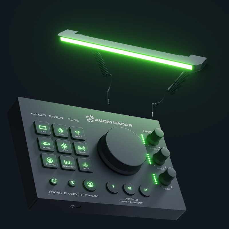 Audio Radar Command Center hub with controls and a glowing green RGB lightbar