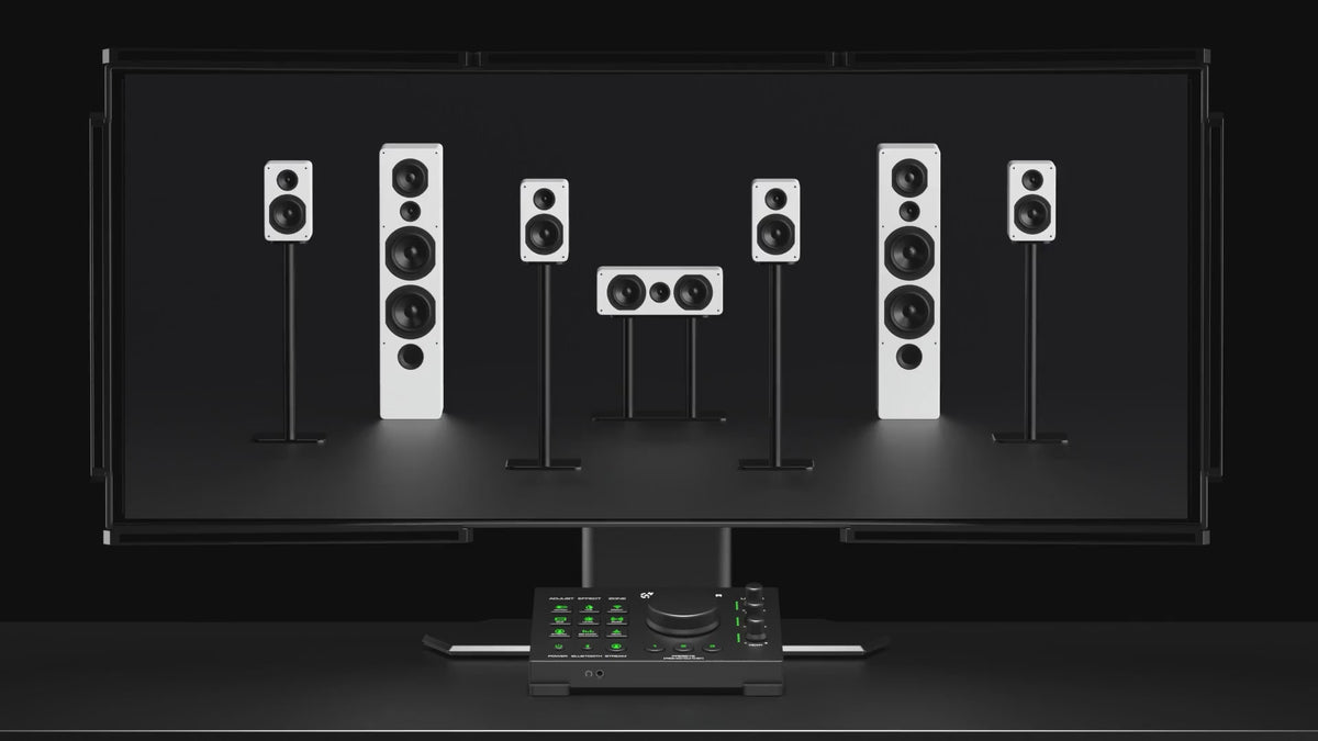 Demonstration of Audio Radar's 7.1 surround sound visualization, showing seven virtual speakers emitting directional audio cues with synchronized LED light bar responses. Real-time amplitude and directional lighting enhance gaming awareness and sound localization.