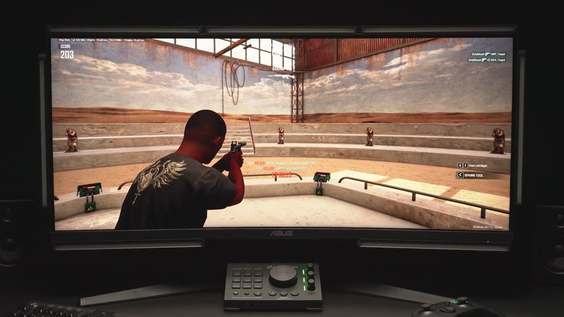 Accuracy testing in PUBG's Sound Lab. The player shoots targets by ear while Audio Radar lights the direction each gunshot came from.